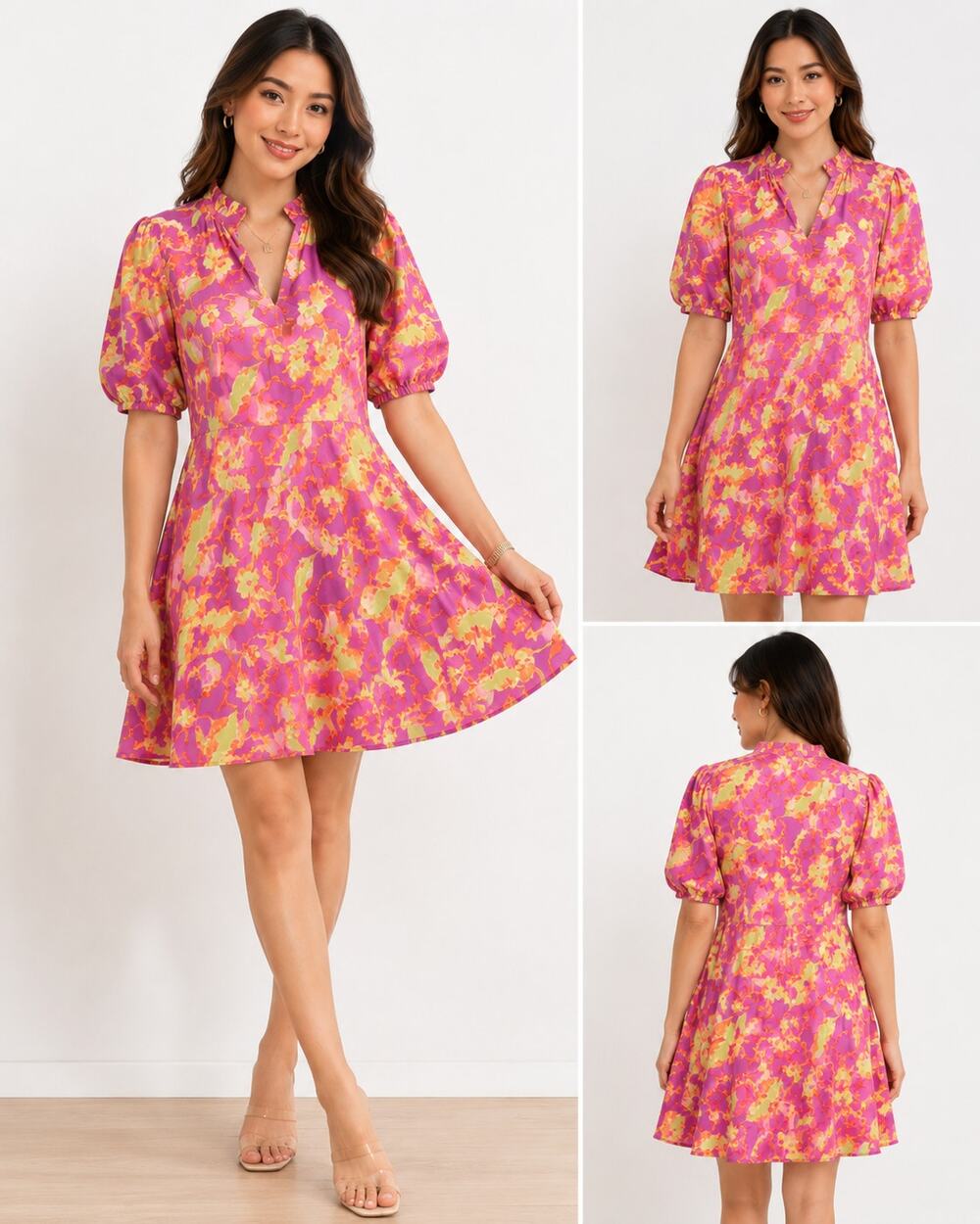 Olivacious Octavia Puff Sleeve V-Neck Mini Dress Pink & Yellow Size Small